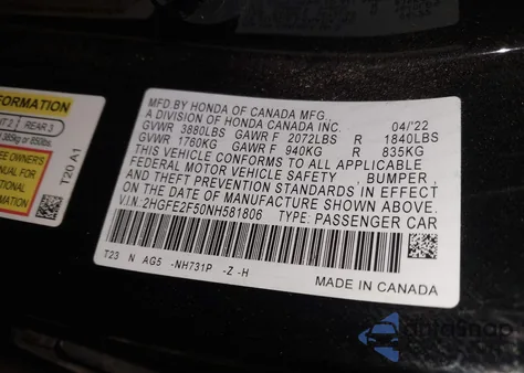 2022 Honda Civic Sport из США, поврежденный, VIN 2HGFE2F50NH581806